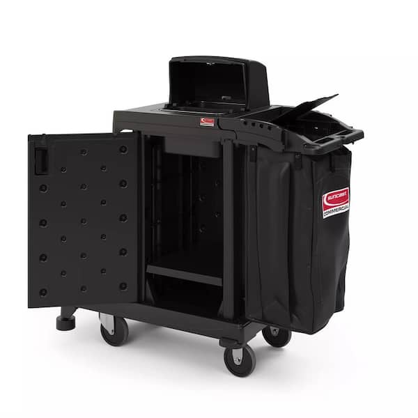 Suncast CCH225 Black High Security Janitor / Housekeeping Cart with Bag,  Lockable Hood, and Non-Marring Wall Bumpers