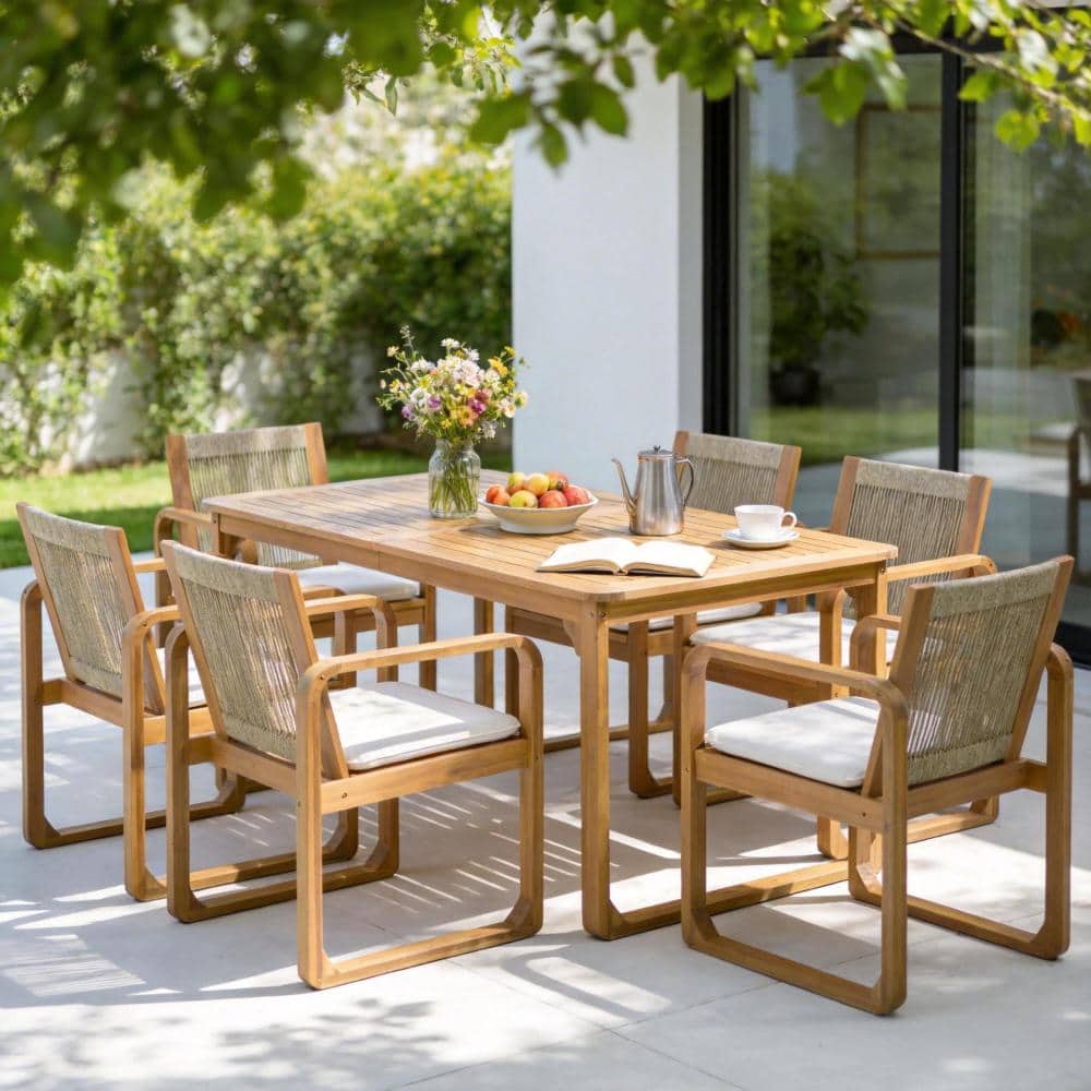 7-Piece Wood Outdoor Dining Set with Beige Cushions price history on PriceWatchPro