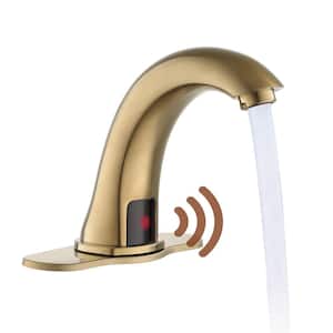 Hands-Free Sensor Touchless Single Hole Bathroom Faucet in Brushed Gold with Deck Plate and Valve