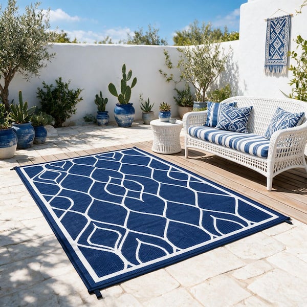 Blue and Black 8 ft. x 10 ft. Plastic Waterproof Outdoor and Indoor, for Patio, Picnic, Backyard Area Rug