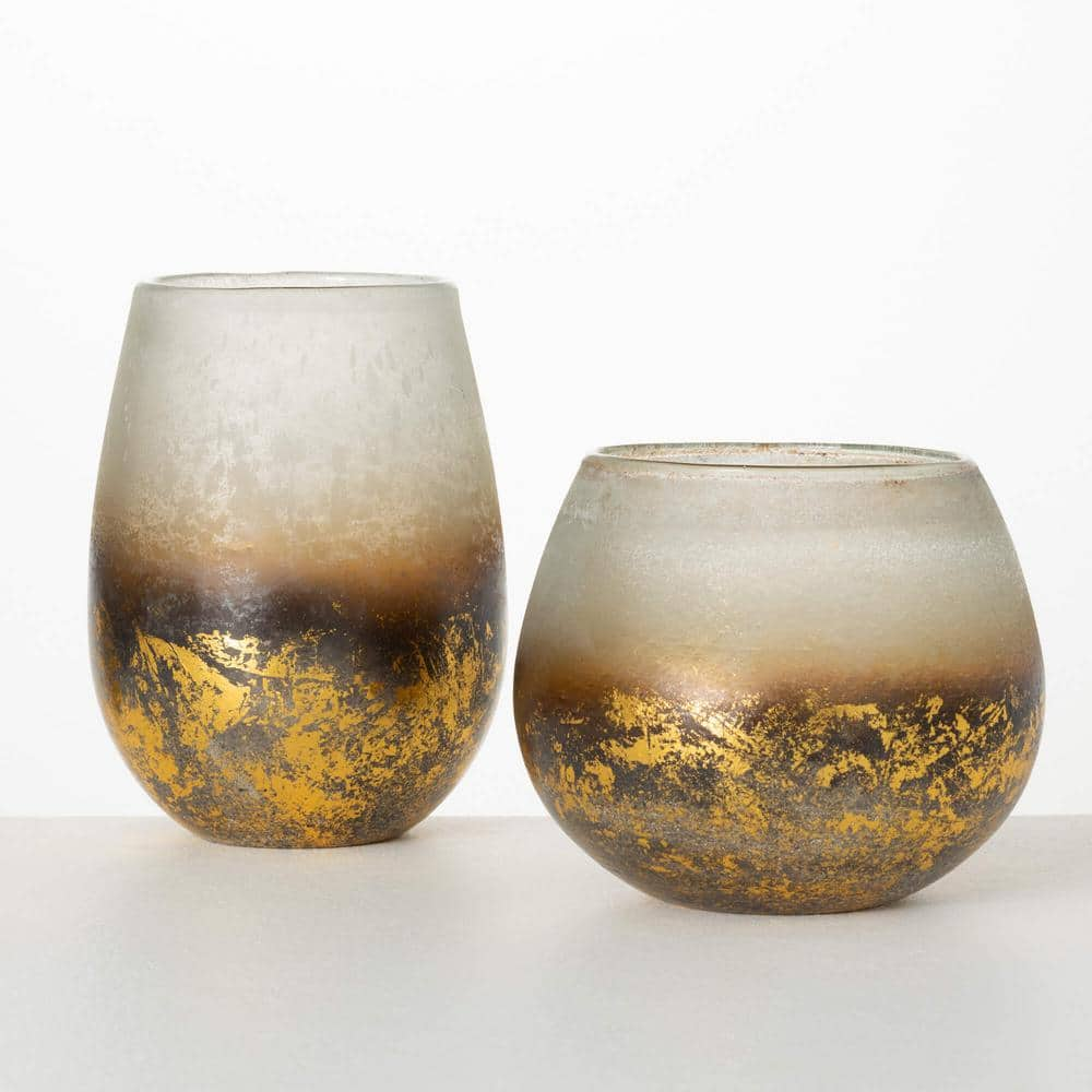 9 in. and 6.5 in. Frosted Gold Leaf Glass Vases Set of 2 -  SULLIVANS, G8465