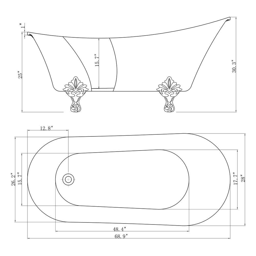 69'' Matte Antique Brass and White Acrylic Clawfoot Bathtub