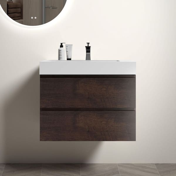 Ziyudura 30 in. Single Sink Floating Walnut Bath Vanity with White Ceramic Top (Assembled), Maximized Storage Space