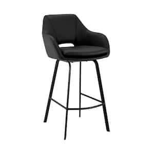 30 in. Gray and Black Low Back Metal Frame Bar Stool with Leather Seat