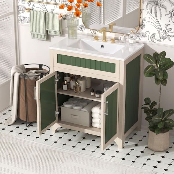 30 in. W x 18 in. D x 33.85 in. H Single Sink Freestanding Bath Vanity in Green with White Ceramic Top and Storage