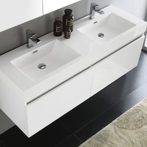 Mezzo 59 in. Vanity in White with Acrylic Vanity Top in White with White Basins and Mirrored Medicine Cabinet