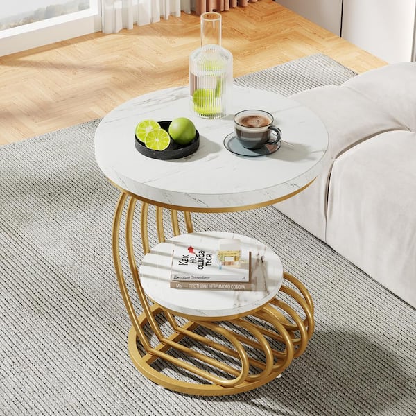 BYBLIGHT Kerlin 19.68 in. White Round Wood End Table with 2 Tiers Storage Shelves
