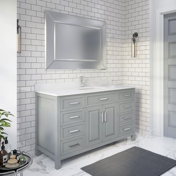 Terrence 60 in. W x 22 in. D Bath Vanity in Gray ENGRD Stone Vanity Top in White with White Basin Power Bar-Organizer