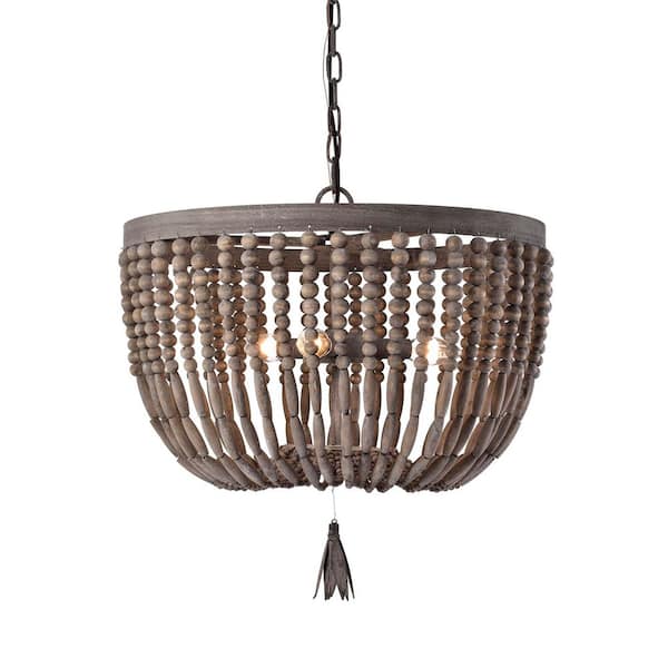 3-Light Slate Wood Beads Bowl Chandelier
