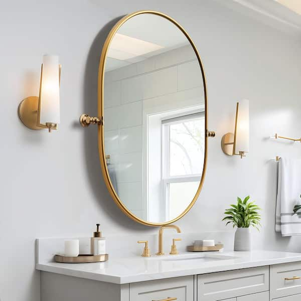 NEUTYPE 23 in. W x 32 in. H Oval Framed Gold Wall Mirror Bathroom ...