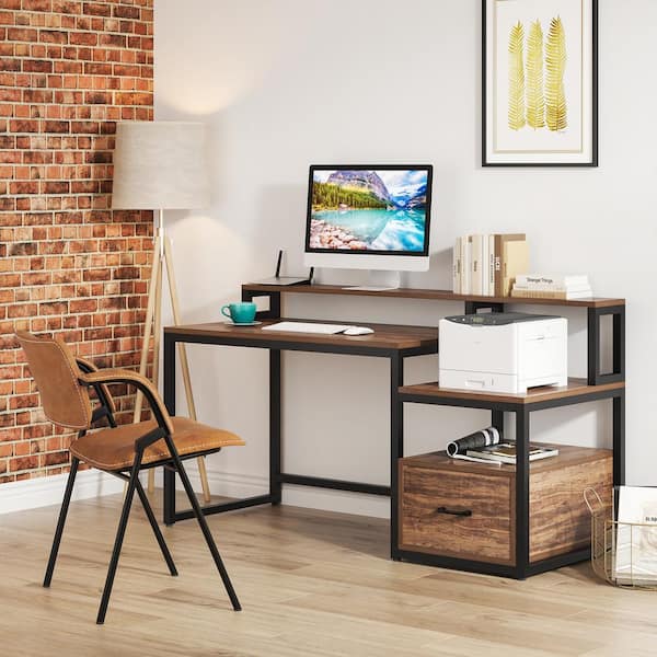 Tribesigns Computer Desk, Large Office Desk Computer Table Study Writing  Desk for Home Office, Walnut + Black Leg, 63 X 23.6 inch