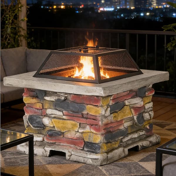 29 in, Stone Gray Square Wood Outdoor Fire Pit