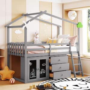Gray Wood Frame Twin Size House Loft Bed with Windmill and Fence Guardrails, Cabinet, Blackboards and 3-Drawer