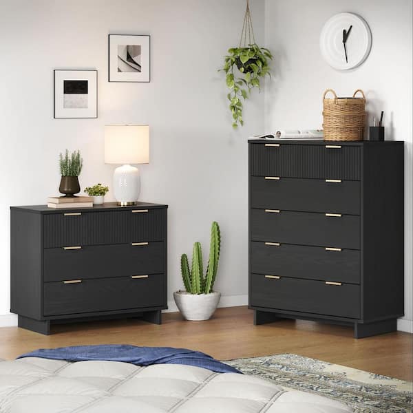 Manhattan Comfort Granville Dark Grey 5-Drawer 37.8 in. W Tall Chest and 3-Drawer 37.8 in. W Standard Dresser (Set of 2)
