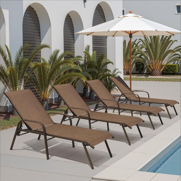 Brown 4-Piece Metal Adjustable Outdoor Chaise Lounge Chairs in Brown with Arms