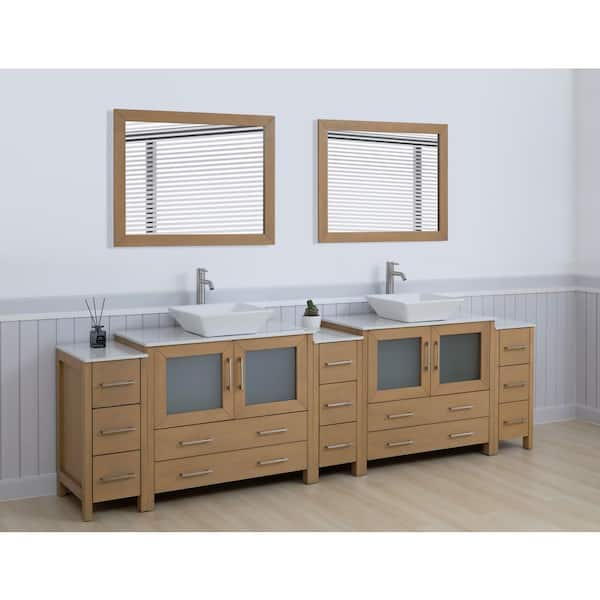 108 in. W Double Basin Natural Oak Bath Vanity with White Engineered Marble Top and Mirror
