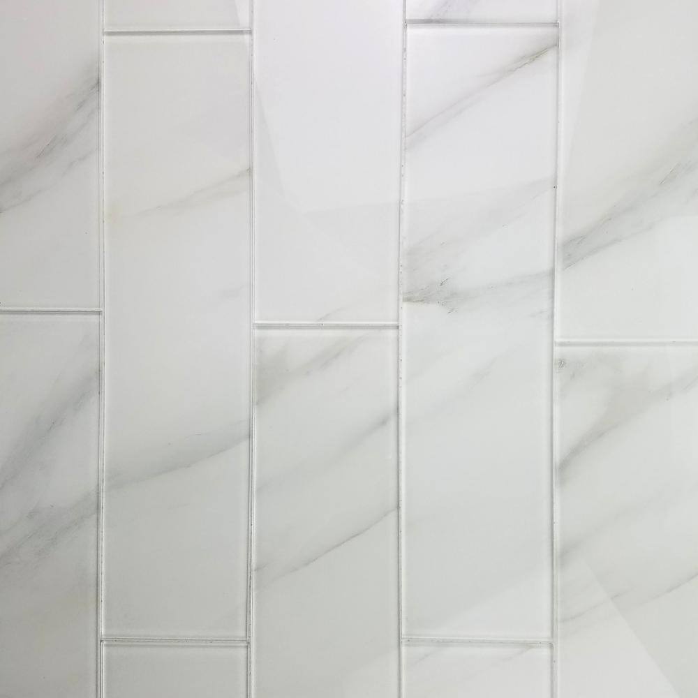 Glossy Calacatta White 4x16 Marble Look Glass Subway Tile