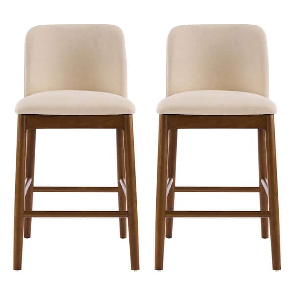 Rubber Wood Outdoor Bar Stool Walnut Finish Frame with Beige Upholstery(2-Pack)