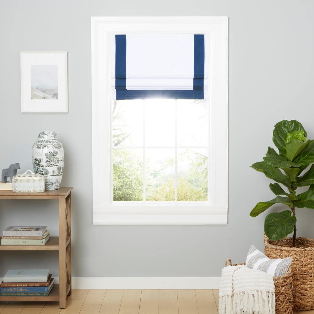 White and Denim Cordless Blackout Roman Shade