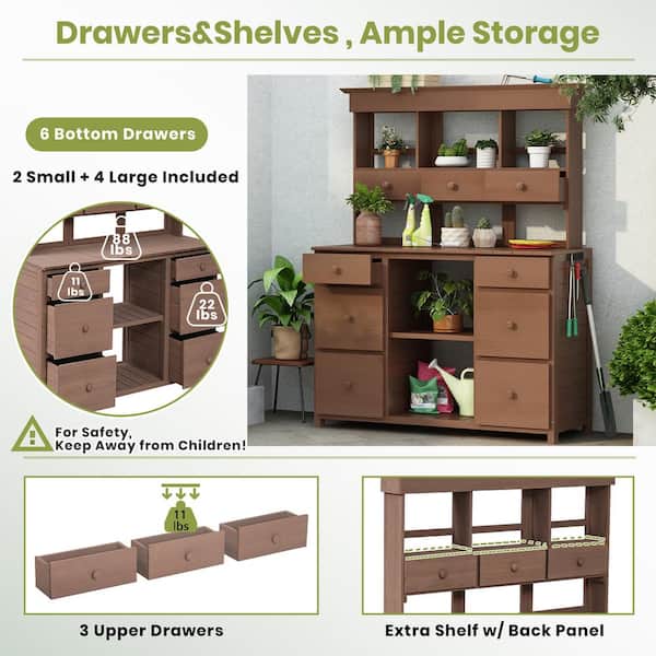 Unbranded - Brown Garden Potting Bench Table Rustic and Sleek Design with Multiple Drawers and Shelves for Storage