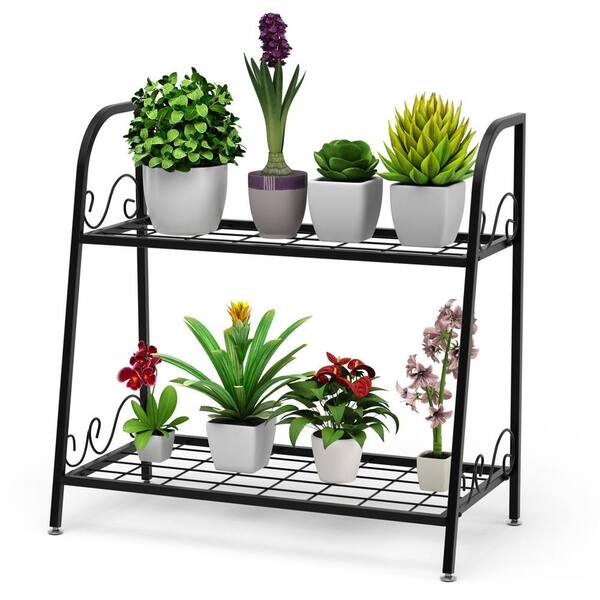 2 Tiers Metal Flower Pot Shelf Plant Display Stand Indoor Outdoor Garden Decor 