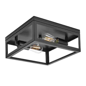 Indoor/Outdoor Ceiling Light Fixture 12 in. 2-Light, Square Black Flush Mount Farmhouse Fixture, Bulbs Not Included