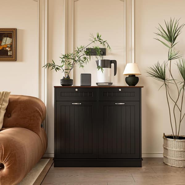 Farmhouse 40 in. W x 14 in. D x 36 in. H Ready to Assemble Cabinets Floor Trash Can Cabinet in Black with Trash Can