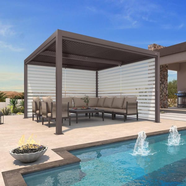 12 ft. x 12 ft. Bronze Aluminum Frame Outdoor Louvered Pergola with Adjustable Sunshade Roof and 2-Side Roller Shades
