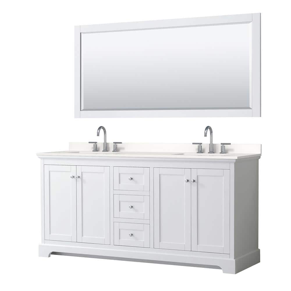 Wyndham Collection Avery 72 in. W x 22 in. D x 35 in. H Double Bath Vanity in White with White Quartz Top and 70 in. Mirror, White with Polished Chrome Trim -  840193390867