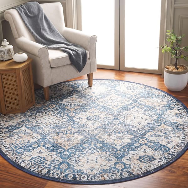 Orlando 7 ft. x 7 ft. Round Blue/Beige Coastal Traditional Persian Floral Washable Area Rug