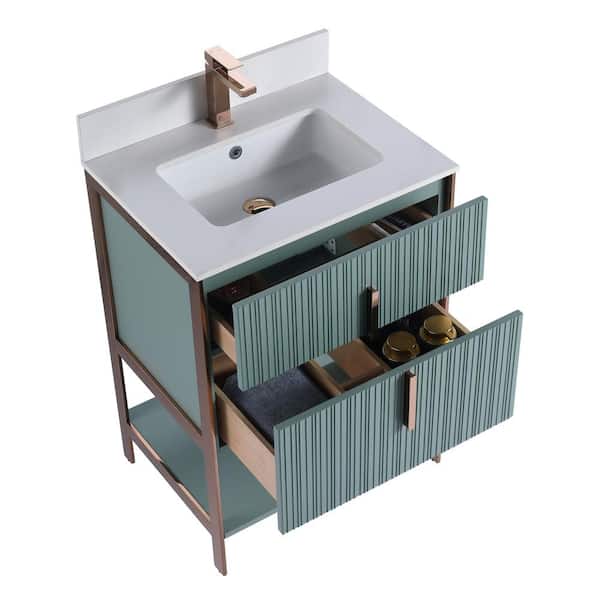 FINE FIXTURES 24 in. W x 18 in. D x 33.5 in. H Mint Green Bath Vanity with White Sintered Stone Top with Rose Gold Hardware