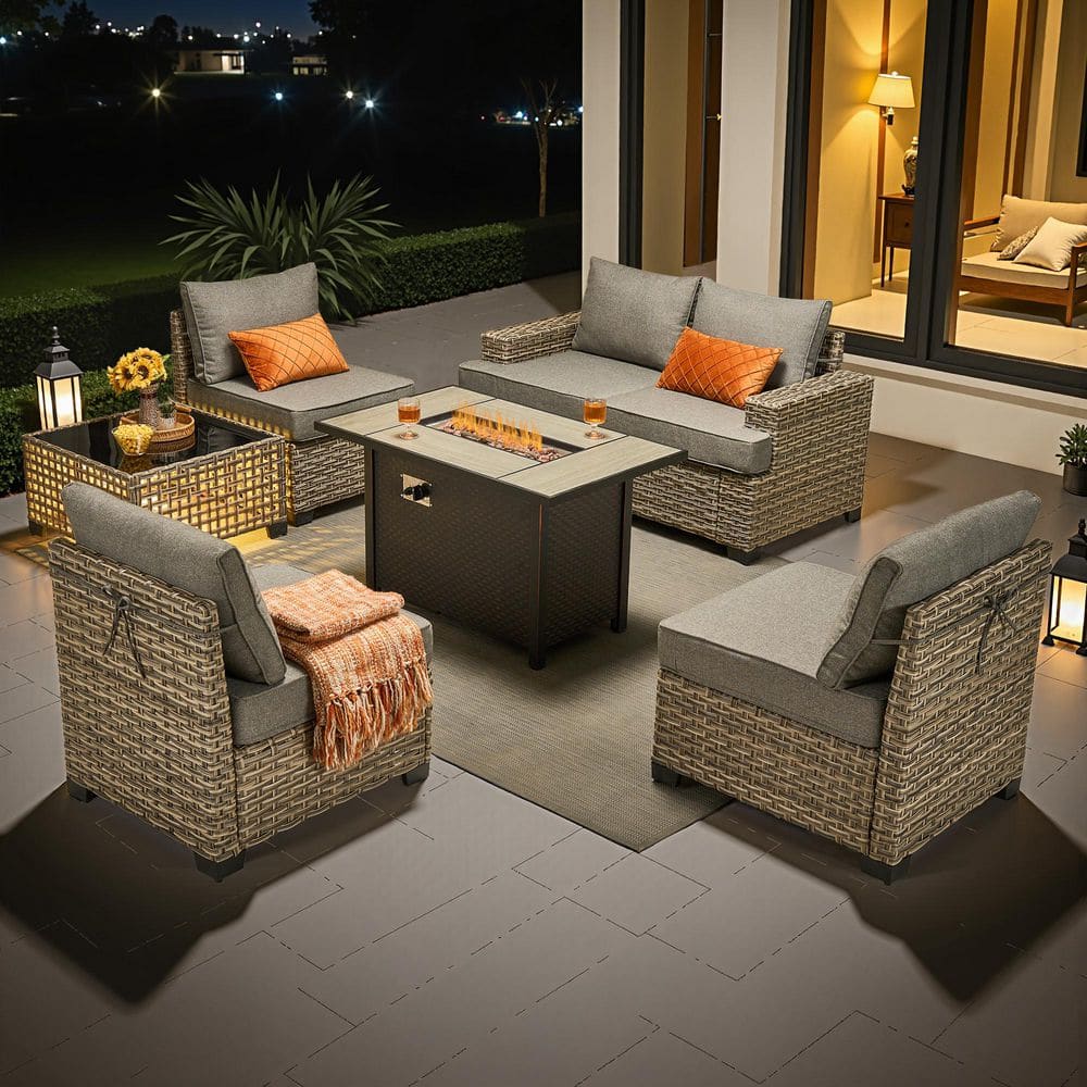 Silvae Gray Wicker 7-Piece Outdoor Patio Furniture Set in Patio Conversation Set with Fire Pit TableandDark Gray Cushion price history on PriceWatchPro