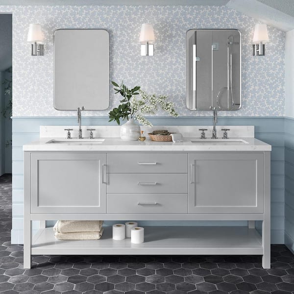 ARIEL Bayhill 72.25 in. W x 22 in. D x 36 in. H Double Sink Freestanding Bath Vanity in Grey with Man-Made Stone Top