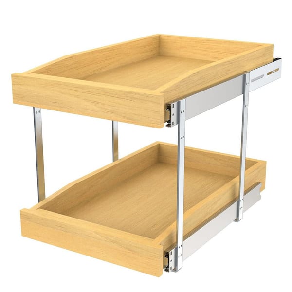 14 in. W x 21 in. D 2-Tier Pull Out Cabinet Organizer, Solid Wood Base Bottom Assembly Slide Out Drawer Organization