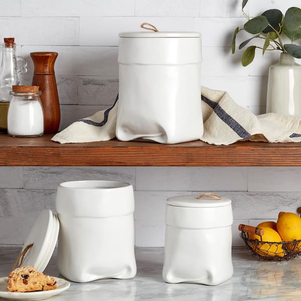 modern farmhouse vintage white ceramic kitchen canisters w/ wood