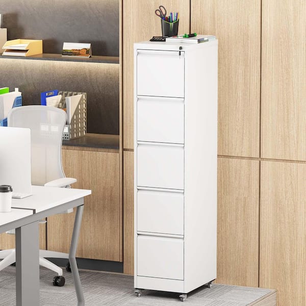 Unbranded 5-Drawer White Metal 14.96 in. W Vertical File Cabinet Lockable Filing Cabinets with Lock on Wheels for Home Office