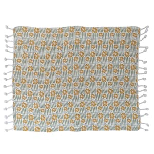 Sage, Mustard Soft Woven Cotton Blend Printed Throw Blanket with Flowers and Pompom Tassels