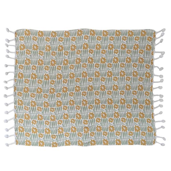 Storied Home Sage, Mustard Soft Woven Cotton Blend Printed Throw Blanket with Flowers and Pompom Tassels