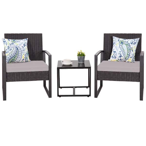 MIRAFIT 3-Pieces Rattan Wicker Patio Conversation Set with Beige Cushions