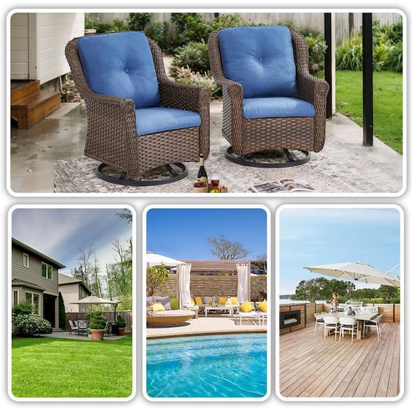 Jura 4-Piece Brown Wicker Outdoor Rocking Chair Patio Furniture Swivel Glider Set Deep Seating with Blue Cushions