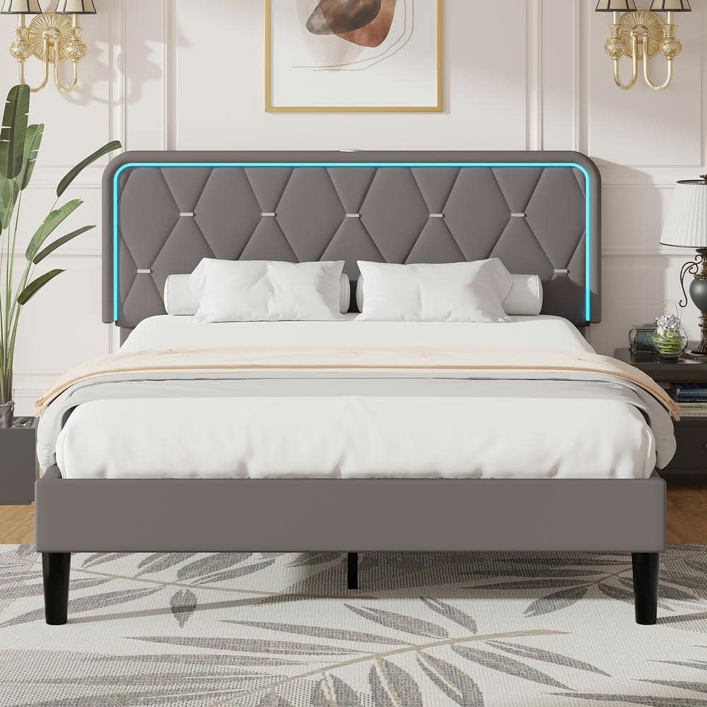 VECELO Upholstered Bed Queen Smart LED Bed Frame With Adjustable Gray ...