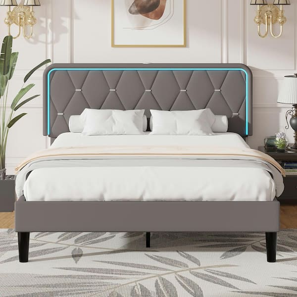 Upholstered Bed Queen Smart LED Bed Frame with Adjustable Gray Headboard, Platform Bed with Solid Wood Slats Support