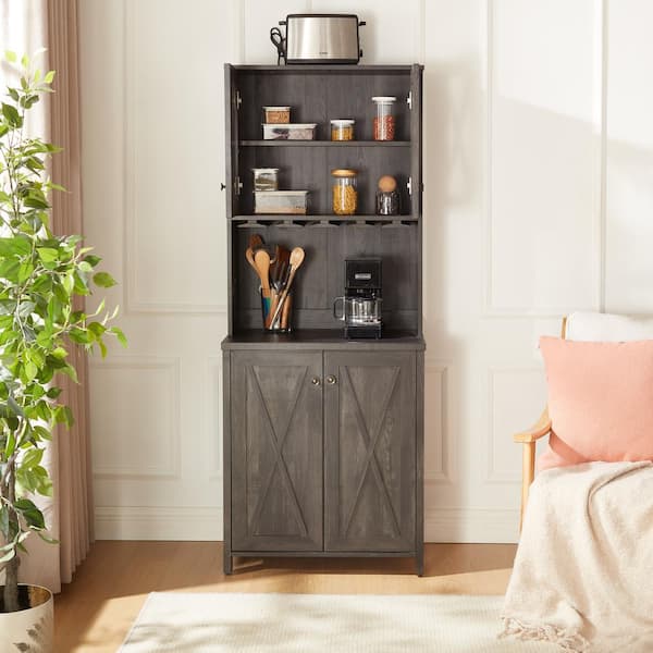 Tileon Coffee Bar Cabinet Kitchen Cabinet with Microwave Stand in Charcoal gray, Wood Frame Side Home Source Bar Cabinet