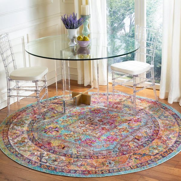 Crystal Light Blue/Orange 7 ft. x 7 ft. Border Medallion Round Area Rug