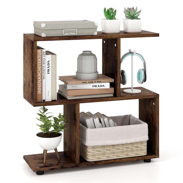 Brown 2-Tier 24 in. H Engineered Wood Bookshelf Free Standing Wooden Display S-Shaped Shelf Storage Rack