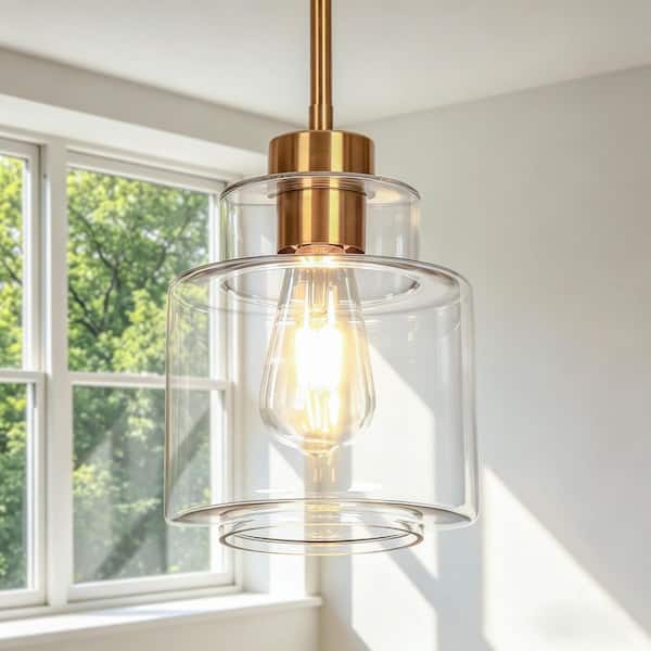 Modern 1-Light Brass Kitchen Island Pendant Light, Transitional Hanging Pendant Light with Clear Glass Shade