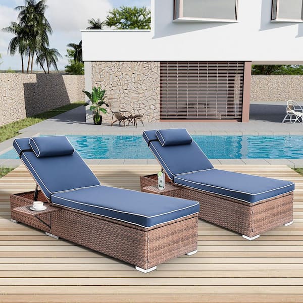 Unbranded 2-pieces Wicker Outdoor Chaise Lounge with Adjustable Backrest and Dark Blue Cushions