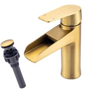Single-Handle Single Hole Waterfall Bathroom Faucet with Pop-Up Drain and Supply Lines in Brushed Gold