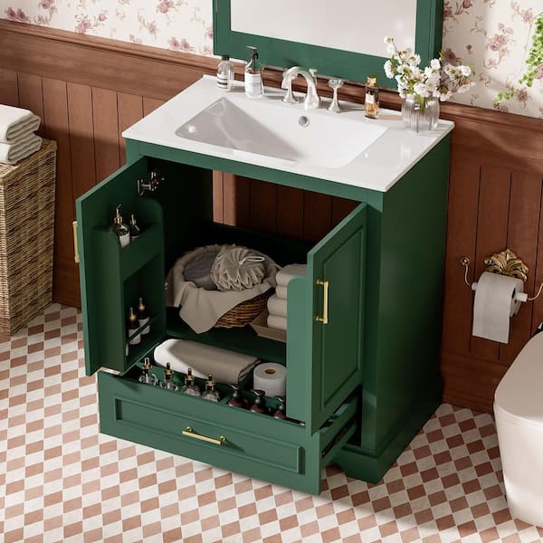 30 in. Freestanding Green Bath Vanity with White Ceramic Top and Drawer and Door Bathroom Storage Cabinet Unassembled