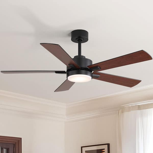 52 in. Standard Indoor Downrod Black Modern Ceiling Fan with Integrated LED Light Kits and 6-Speed DC Remote Control